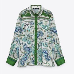ZARA SATIN PRINTED BLOUSE GREEN ECRU SCARF FLOWY SHIRT